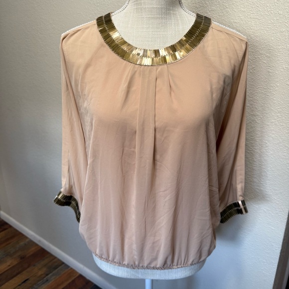 bebe Tops - bebe Beige Blouse with Gold Metal Trim & Open Back - Size XS